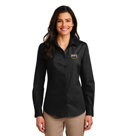 LADIES' Port Authority® Long Sleeve Carefree Poplin Shirt - Black - FINAL FEW!